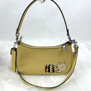 Coach X Peanuts Teri Shoulder Bag With Charlie Brown In Leather/Hay CBJ83 NWT
